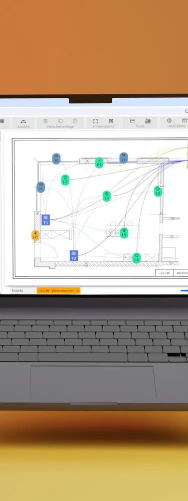 Gezeigt wird die Estada Software auf einem MacBook.